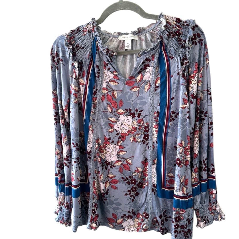 Vintage America Blue Pleated Ruffled Long Sleeve Blouse